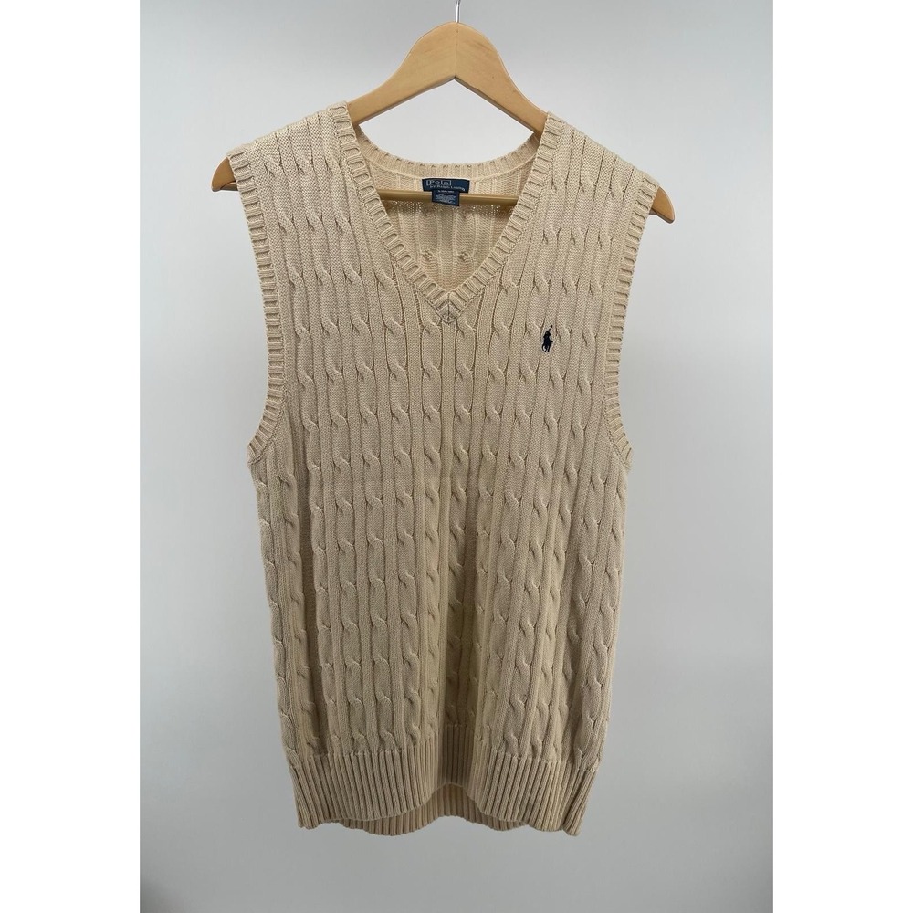 Vintage Polo Ralph Lauren Sweater Vest Large 14-16 Beige Cable Knit Cotton